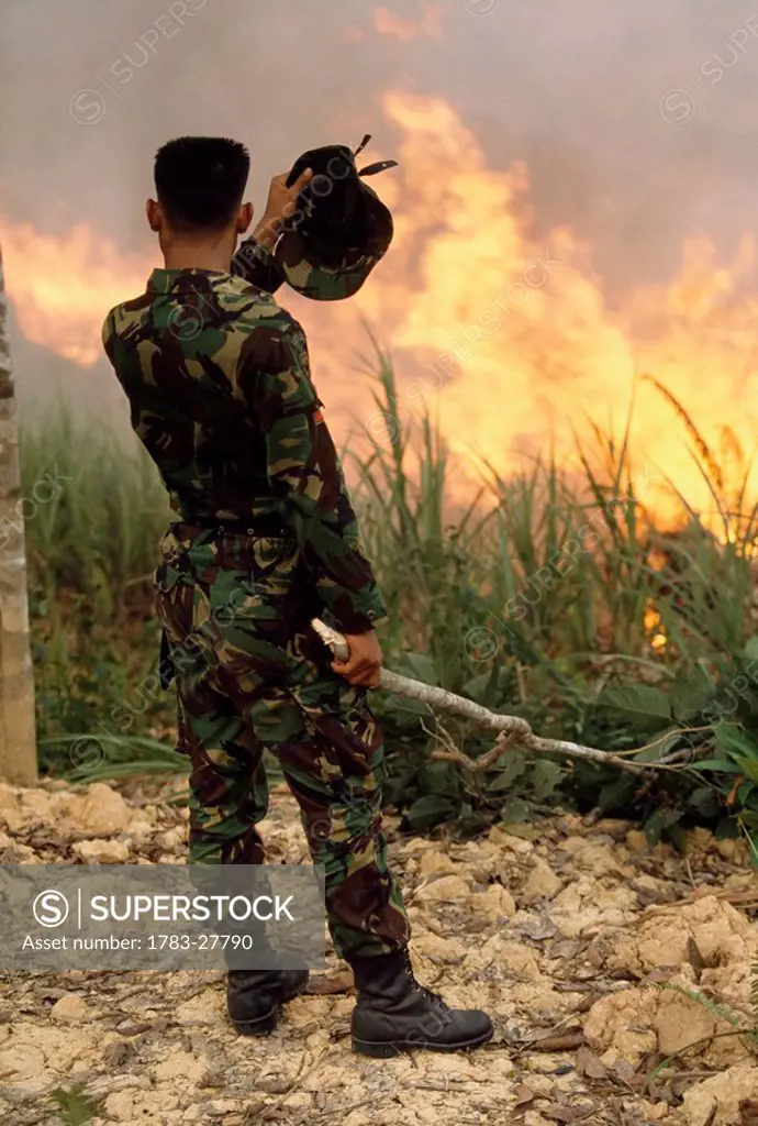 Solider watching wildfire, Indonesia
