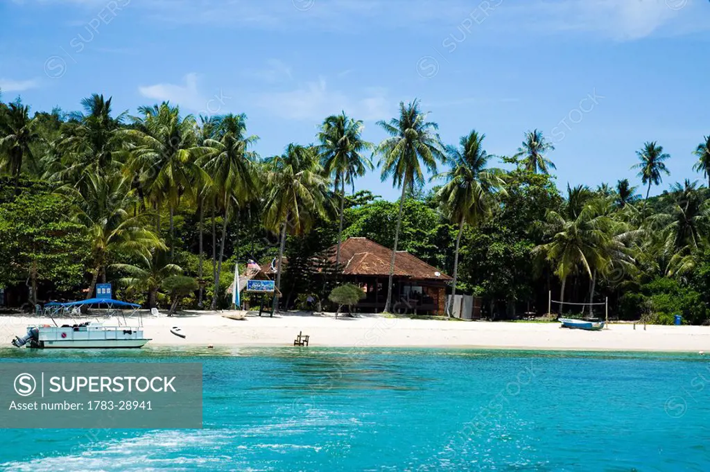 Holiday resort on beach from sea, Kapas island, Terengganu, Malaysia