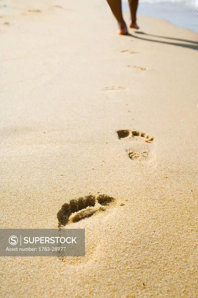 Footprints in sand, Penarek Inn beach huts, Penarek, Terengganu, Malaysia