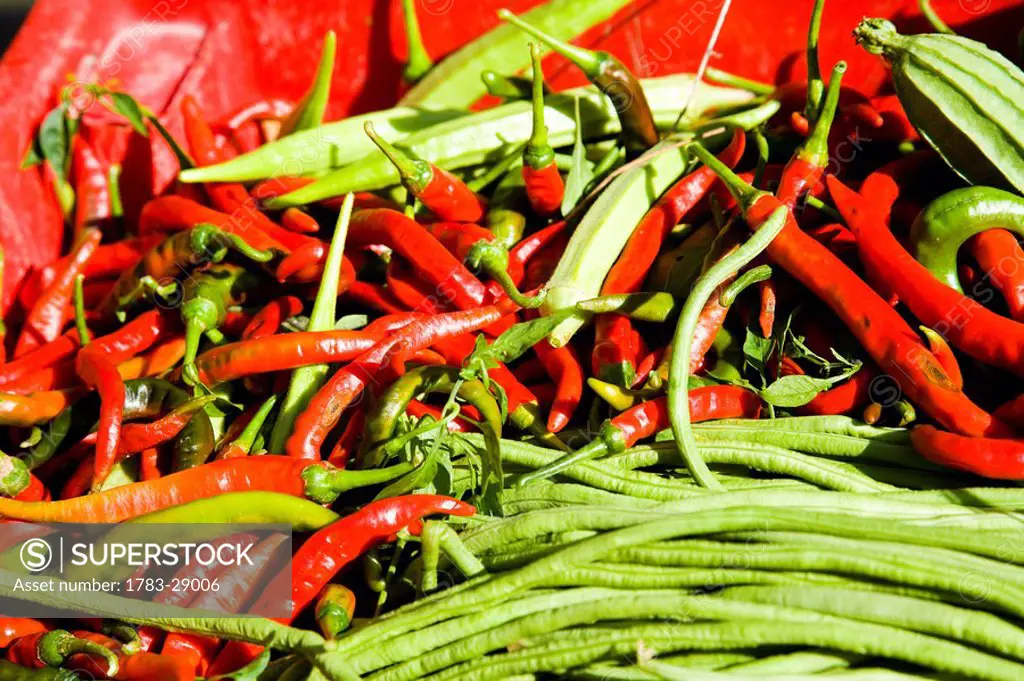 Red chilies and green vegetables, East coast Highway, Terengganu, Malaysia