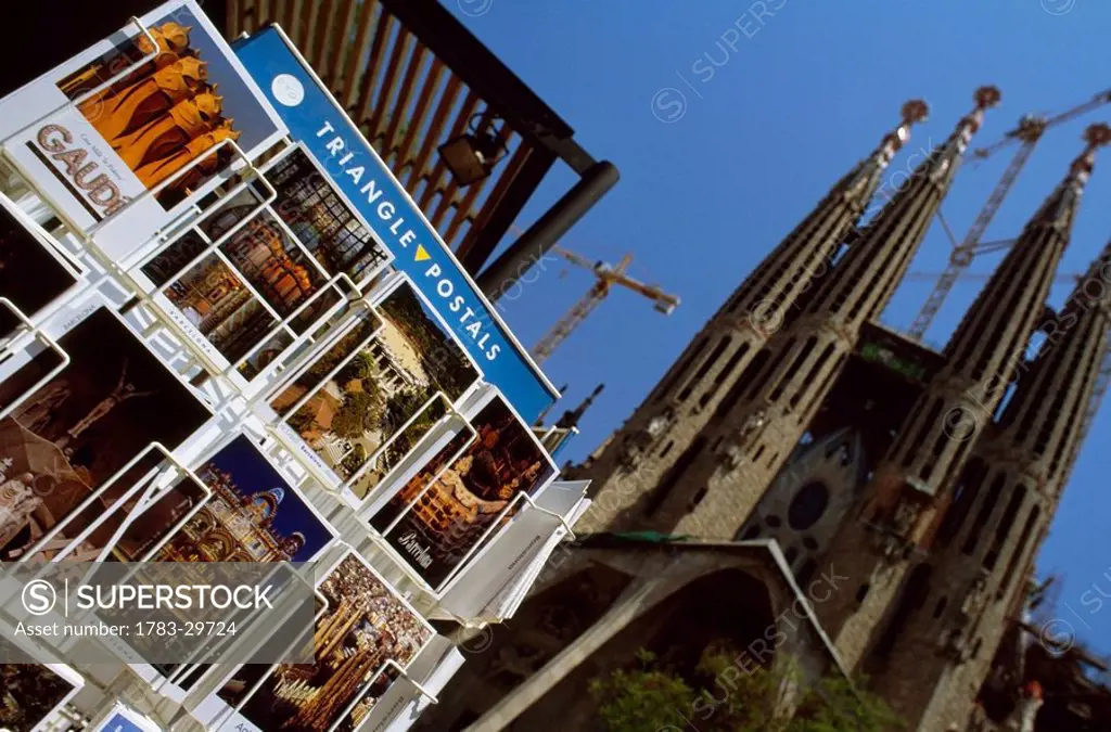 Postcard stand with church, Sangrada Falilia Church, Barcelona, Spain