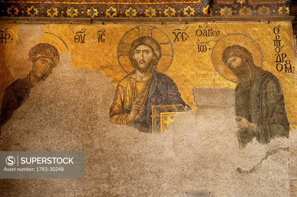 Mosaic of Jesus flanked by Mary and John the Baptist on the walls of the Haghia Sofia