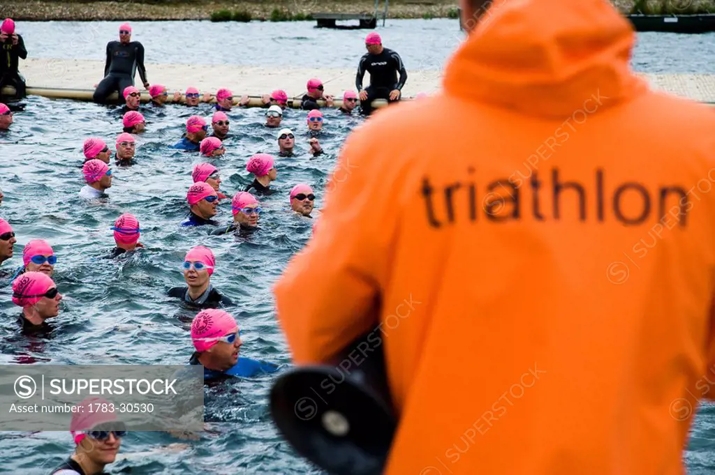 Fitness competitors in triathlon, Dorney Lake, Windsor, England