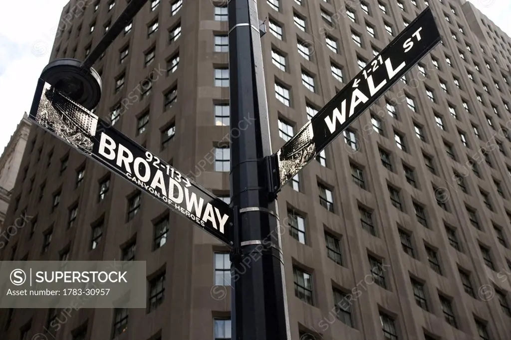 Signs for Broadway and Wall Street, New York City, New York, USA