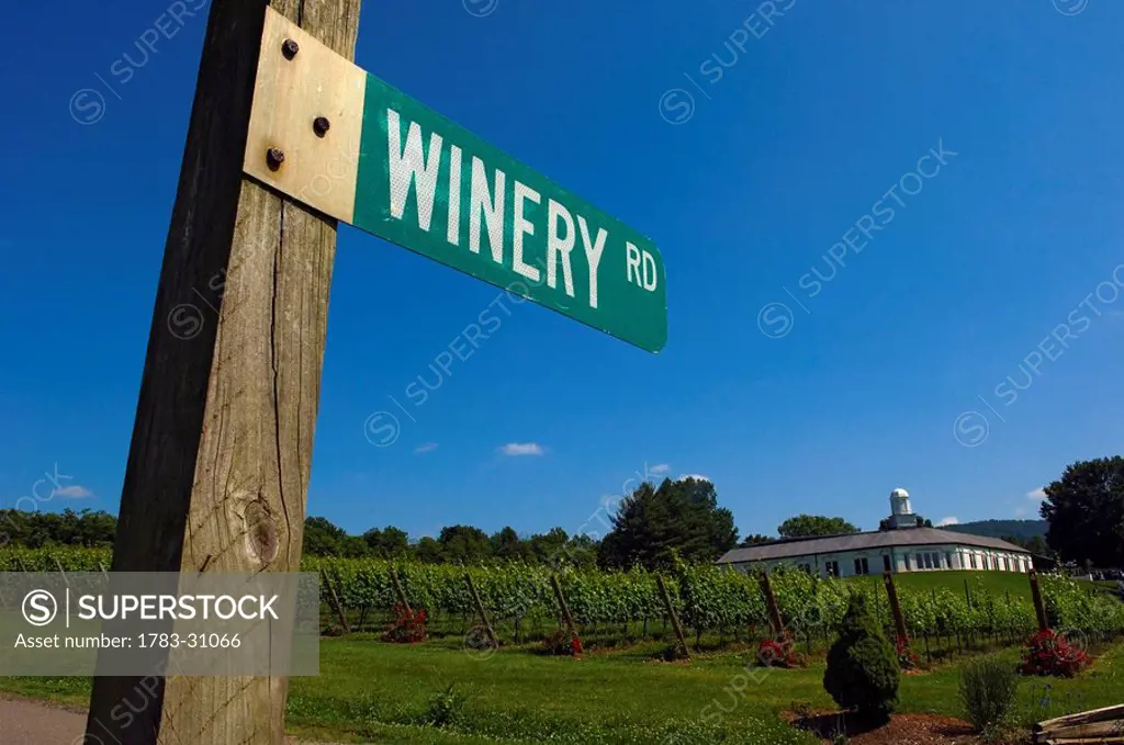 Winery road sign at the Barboursville Vineyard. Piedmont region of the Commonwealth of Virginia in the unincorporated town of Barboursville