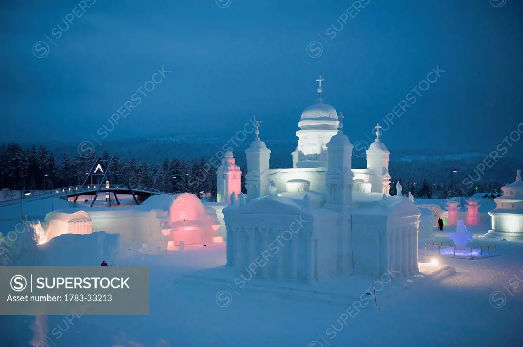 Whitewashed Church At The Icium Wonderworld Of Ice Sculpture Park, Levi, Lapland, Finland