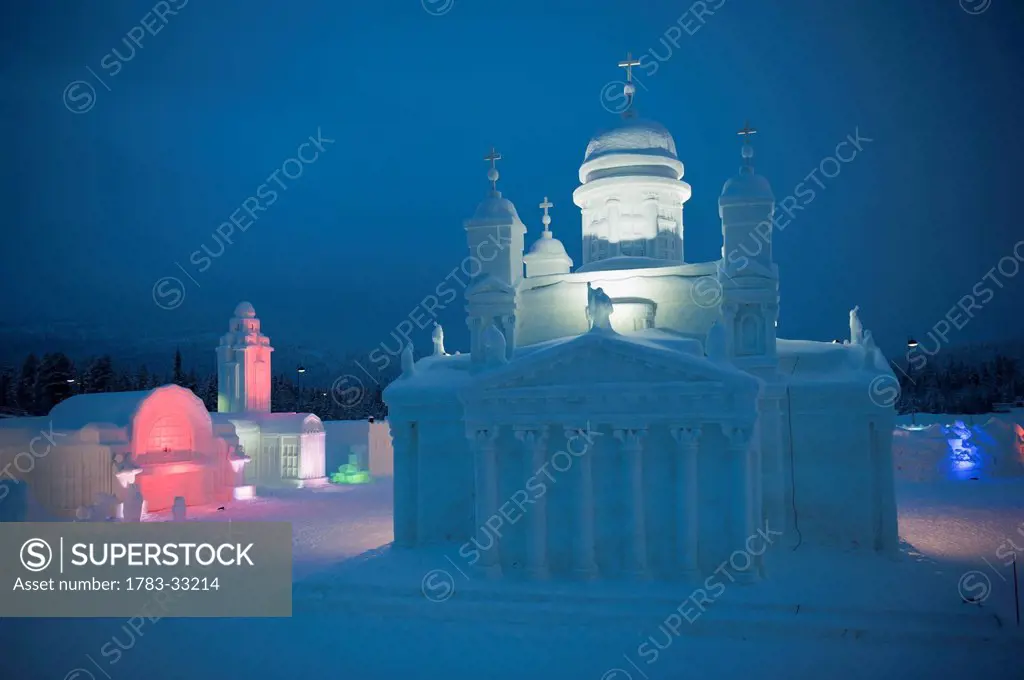 Whitewashed Church At The Icium Wonderworld Of Ice Sculpture Park, Levi, Lapland, Finland