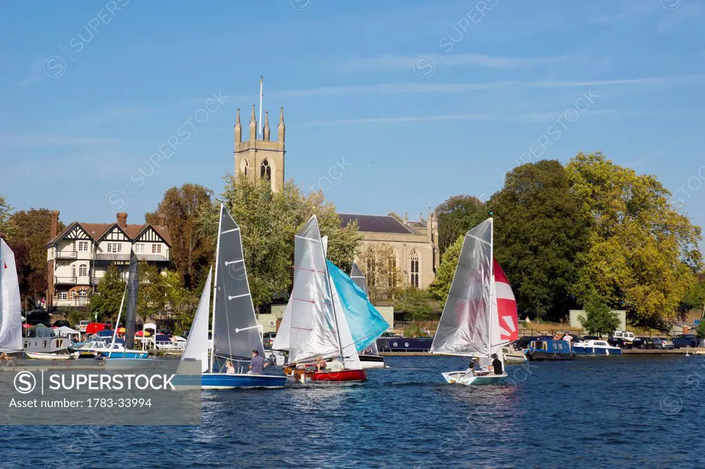 United Kingdom, England, Sailing On River Thames And Hampton Church In Background; Middlesex