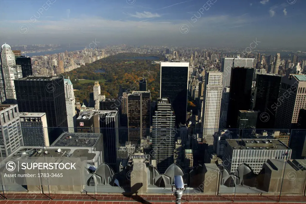 New York, USA. View of Central Park from the newly opened terraces of the Rockefeller Centre.