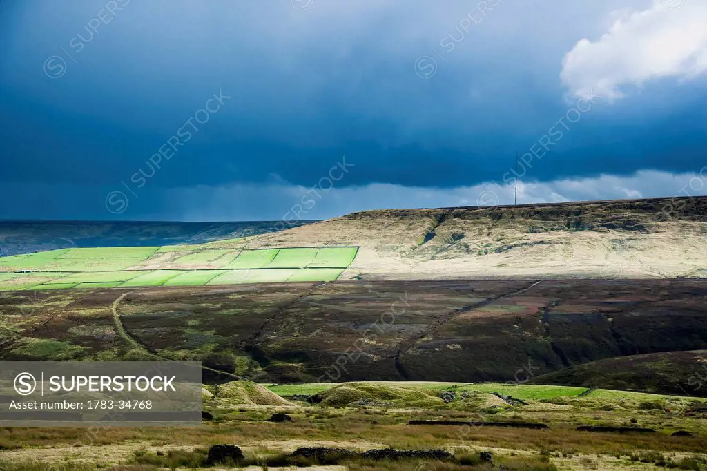 United Kingdom, England, Digley Reservoir; Yorkshire, and stormy weathers looms over Yorkshire Moors, Farmed fields and rugged moorland sit side by si...