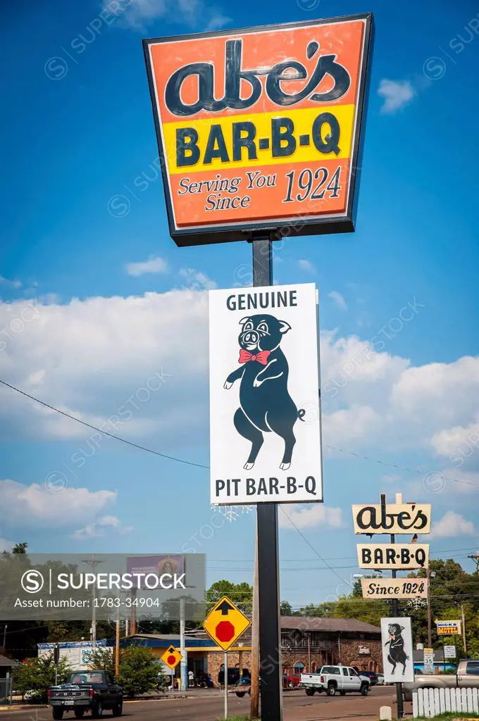 Usa, Mississippi, Famous Abe's Bar-B-Q Sign; Clarksdale
