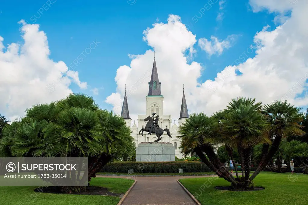 Usa, Louisiana, View Of Statue Of Andrew Jackson In Front Of Saint Louis Cathedral; New Orleans