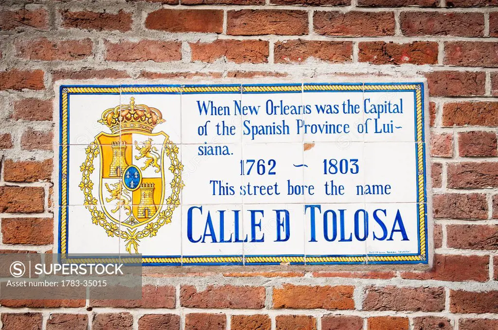 Usa, Louisiana, Historical Sign On Bricked Wall; New Orleans