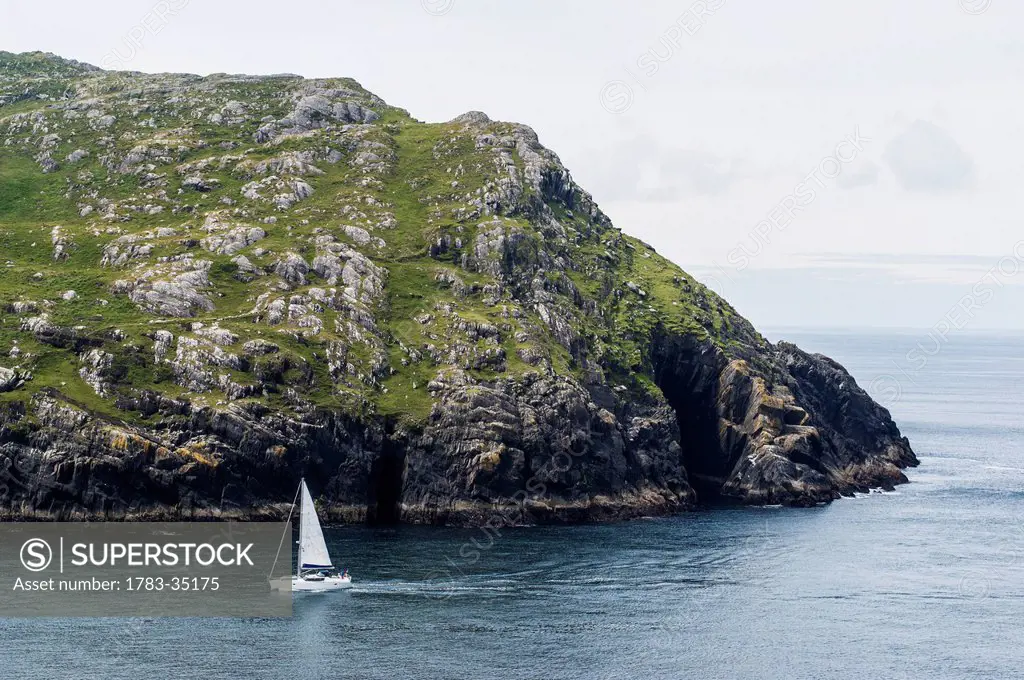 Uk, Ireland, Yacht Sailing Into Dursley Sound; County Kerry