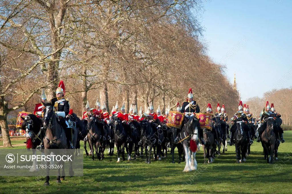 Uk, England, Royal Guards Rehearsing In Hyde Park; London