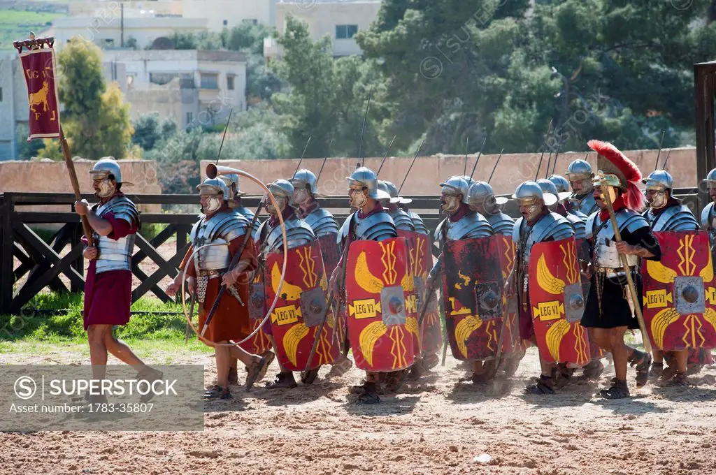 Costumed Roman Legionaries Performing The Roman Army And Chariot Experience At The Hippodrome In The Ancient City Of Jerash, Jordan, Middle East