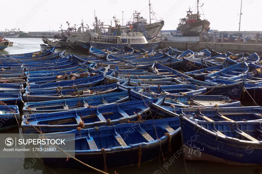 Blue Wooden Fishing Boats At The Harbor In Essaouira, Essourira, Morocco
