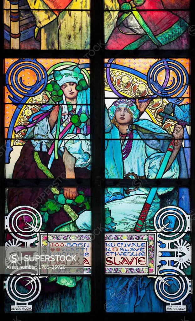 Czech Republic, Alphonse Mucha stained glass at St. Vitus Cathedral; Prague