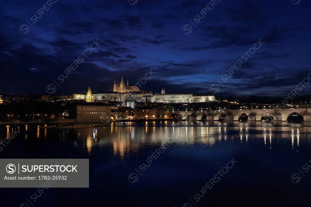Czech Republic, View of town at night; Prague