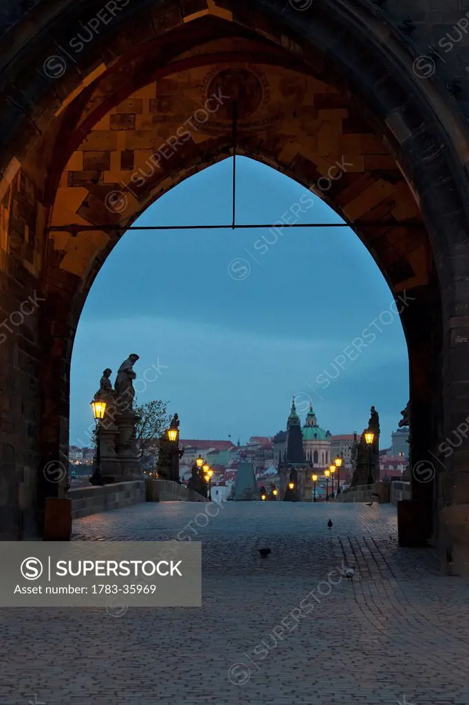Czech Republic, Cityscape with Charles Bridge in foreground; Prague