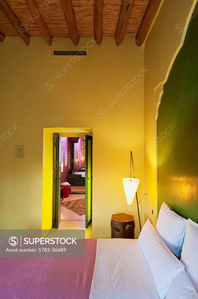 Morocco, Bedroom of Dar Ahlam Hotel; Skoura