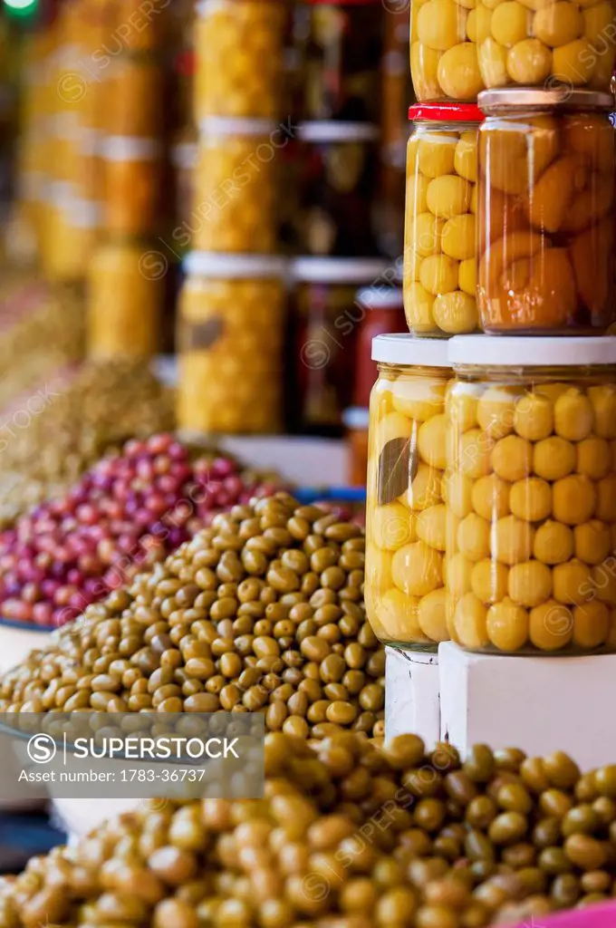 Morocco, Preserved fruits and vegetables for sale; Marrakech