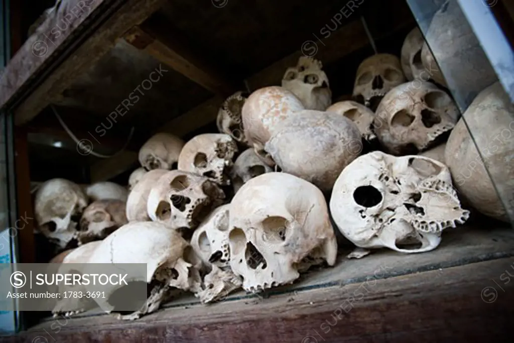 Skulls inside memorial stupa at Killing fields, Choeung Ek, Cambodia