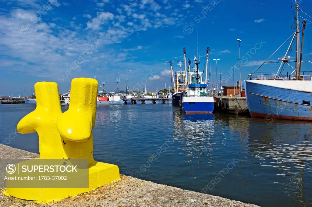Yellow Bollard At Hvide Sande Harbour, Jutland,Denmark