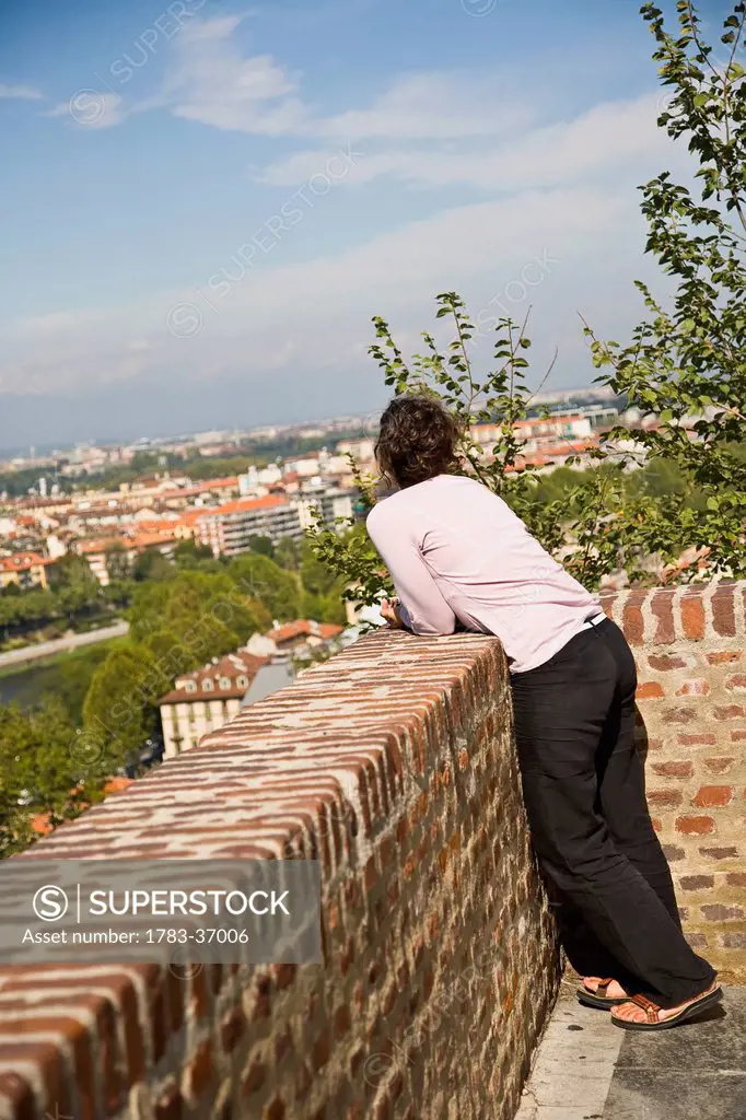 Woman Looking At City From Cappuccini Mountain, Turin,Piemonte,Italy