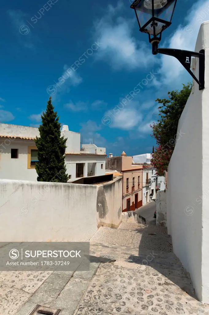 Looking down alley in Dalt Vila; Ibiza Town, Ibiza, Spain