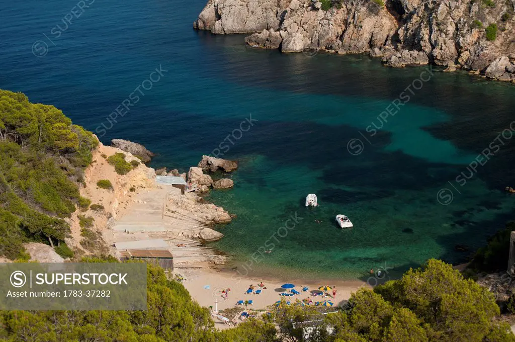 Looking down onto Cala d'en Serra beach; Ibiza, Spain