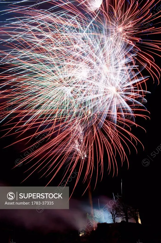 Fireworks over Lewes Castle; Lewes, East Sussex, England, UK