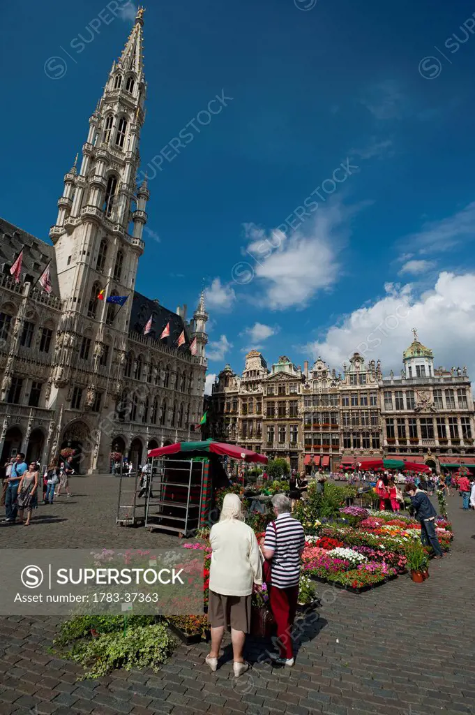 Women looking at flowers stalls in Grand Place; Brussels, Belgium