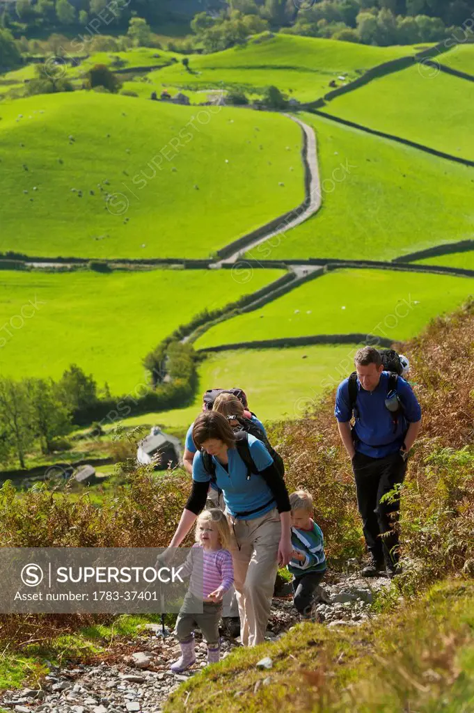 Parents leading children up path; Little Langdale, Lake District National Park, Cumbria, England