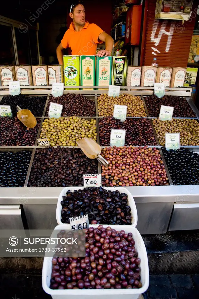 Variety of Greek olives for sale at market stall; Thessaloniki, Greece