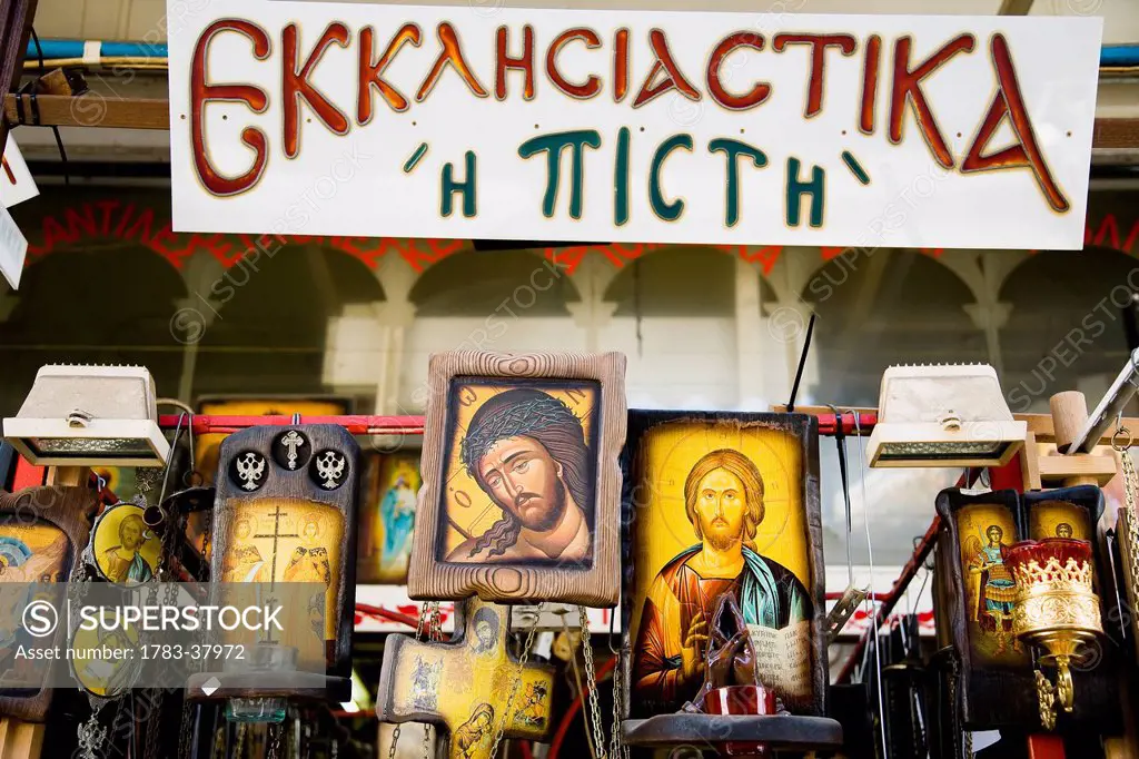 Icons, censers and other religious items for sale at market stall; Thessaloniki, Greece