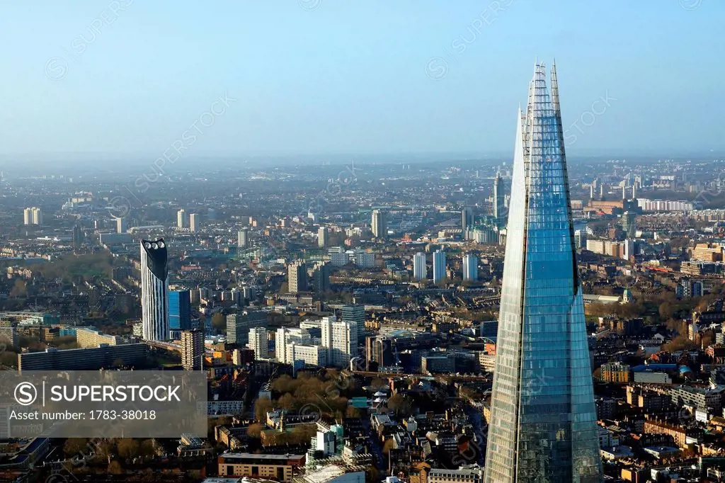 Aerial view of The Shard; London, England, UK