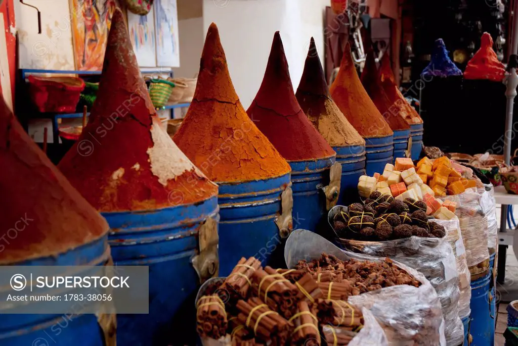 Spices stall, soap blocks, eye shadow; Marrakech, Morocco