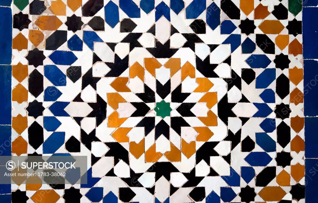 Mosaic tile floor detail at Palais Bahia, Bahia Palace; Marrakech, Morocco