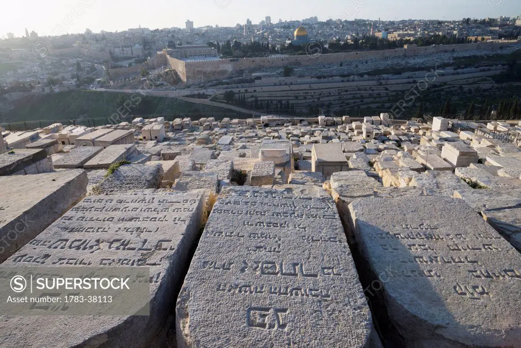 Tombstones on Mount of Olives with Old City in background; Jerusalem, Israel