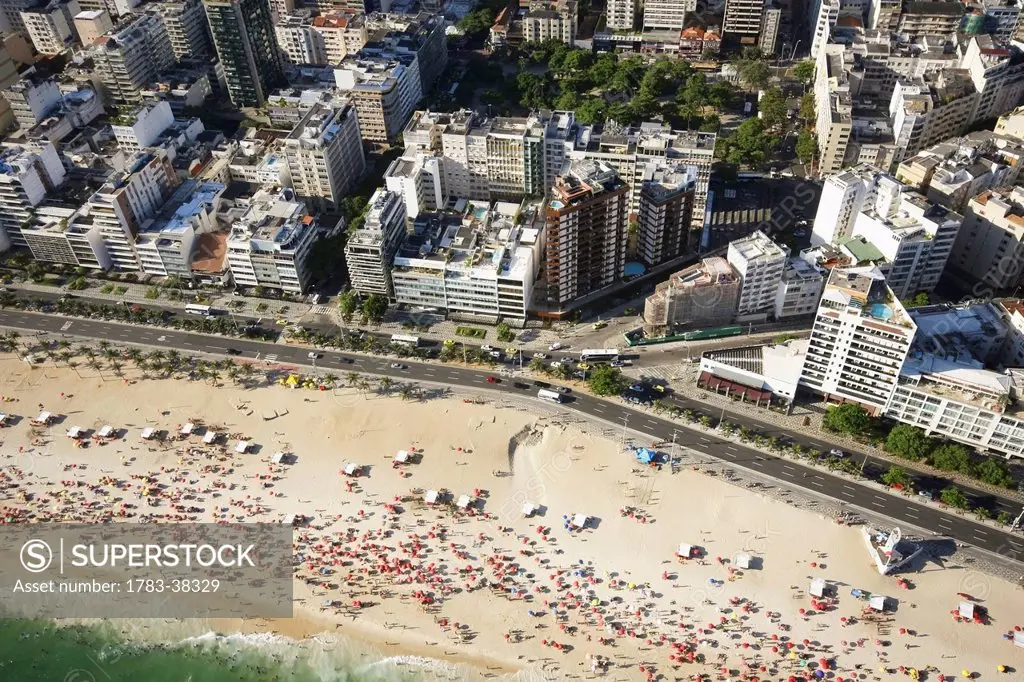 Aerial view of coastline and city; Rio de Janeiro, Brazil; Rio de Janeiro, Brazil