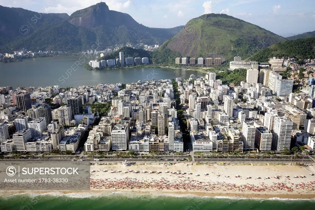 Aerial view of coastline and city; Rio de Janeiro, Brazil