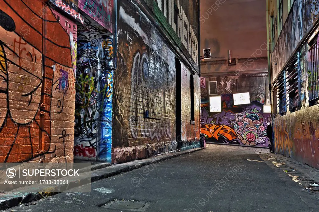View of street art Installation on Hosier Lane; Melbourne, Victoria, Australia