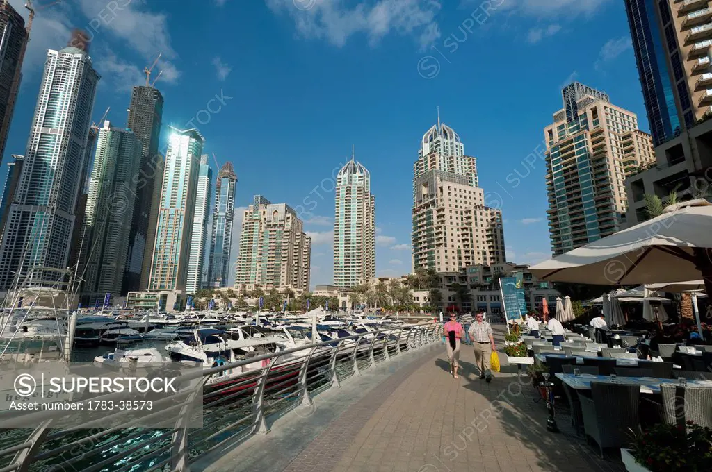 Boats and cafes in the Dubai Marina; Dubai, UAE