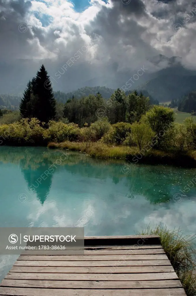 Jetty at lake; Gorenjska region, Julian Alps, Slovenia