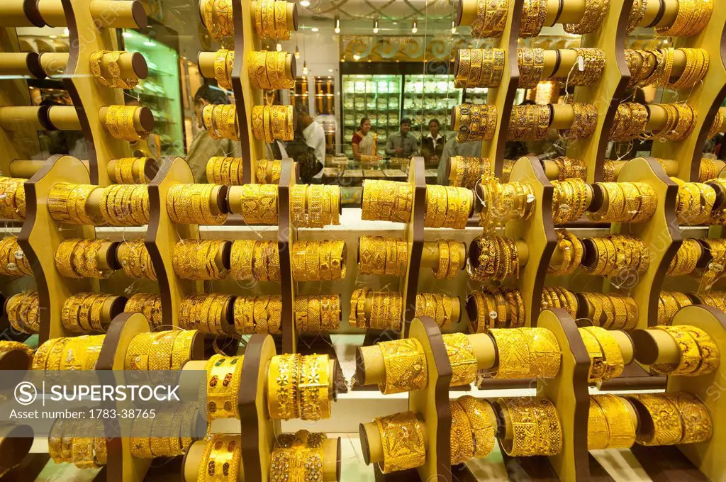 Looking through window of gold shop in Gold Souk; Dubai, UAE