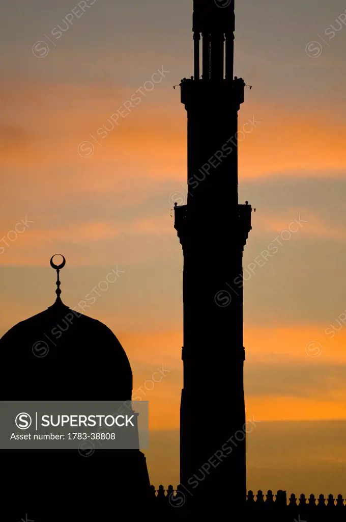 Silhouette of mosque at dawn; Aswan, Egypt