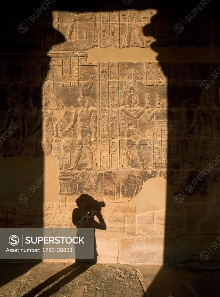 Shadow of woman taking photographs and columns, West Colonnade of Temple of Isis; Philae Island, Aswan, Egypt