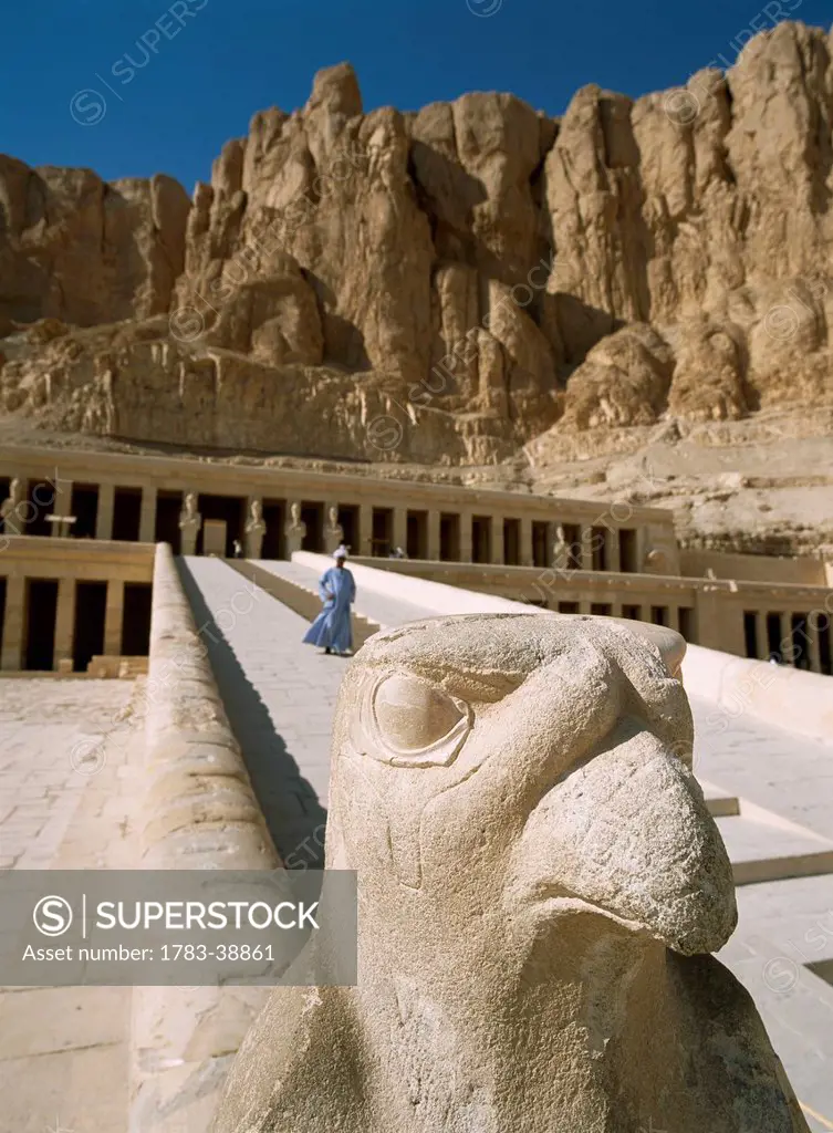 Temple guard in front of falcon statue, Deir el-Bahri or Hatsheput's Temple near; Luxor, Egypt