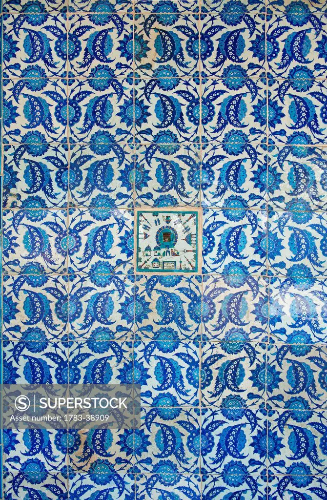 Detail of blue tiling showing basic map with mecca at centre, on wall of Rustem Pasa Mosque; Istanbul, Turkey